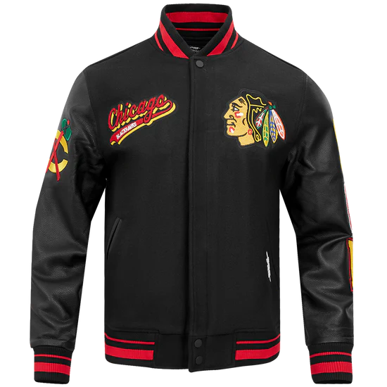 NHL CHICAGO BLACKHAWKS SCRIPT TAIL MEN'S RIB WOOL VARSITY JACKET