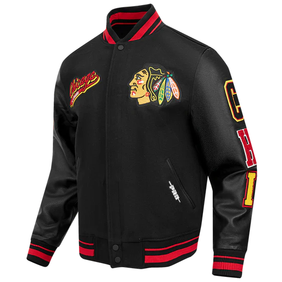 NHL CHICAGO BLACKHAWKS SCRIPT TAIL MEN'S RIB WOOL VARSITY JACKET