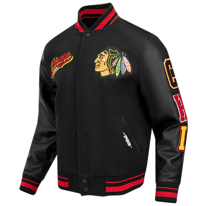 NHL CHICAGO BLACKHAWKS SCRIPT TAIL MEN'S RIB WOOL VARSITY JACKET