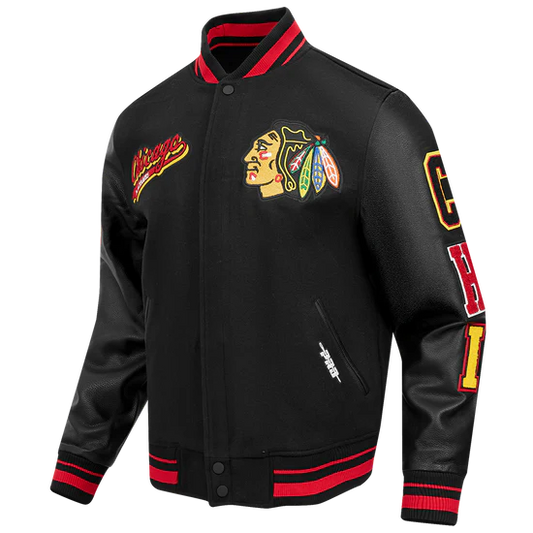 NHL CHICAGO BLACKHAWKS SCRIPT TAIL MEN'S RIB WOOL VARSITY JACKET