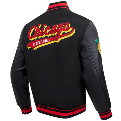 NHL CHICAGO BLACKHAWKS SCRIPT TAIL MEN'S RIB WOOL VARSITY JACKET